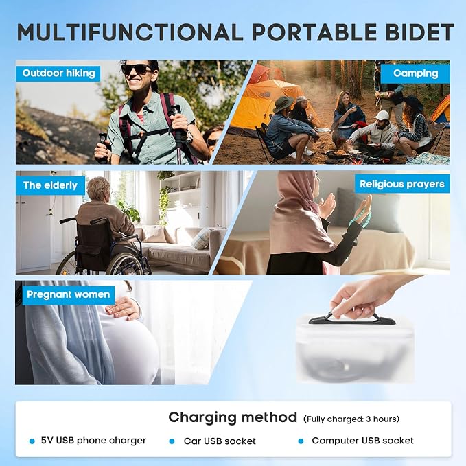 Portable Travel Electric Bidet Sprayer, Jamini Rechargeable Handheld Bidet Kit for Personal Cleaning, 2.3L Water Tank with Dual Pressure Settings for Baby Care, Postpartum, Camping HDDSC-01