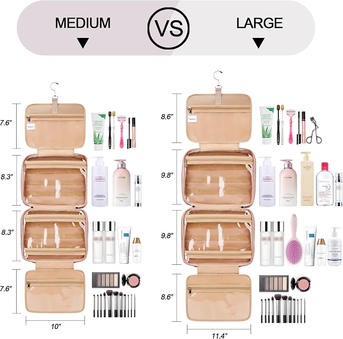 COOSKY Travel Hanging Toiletry Bag for Women, Large Makeup Bag 8 Leak Proofing Silicone Bottle Covers, Waterproof Cosmetic Bag with Jewelry Organizer Compartment, Toiletries Kit Set, Pink