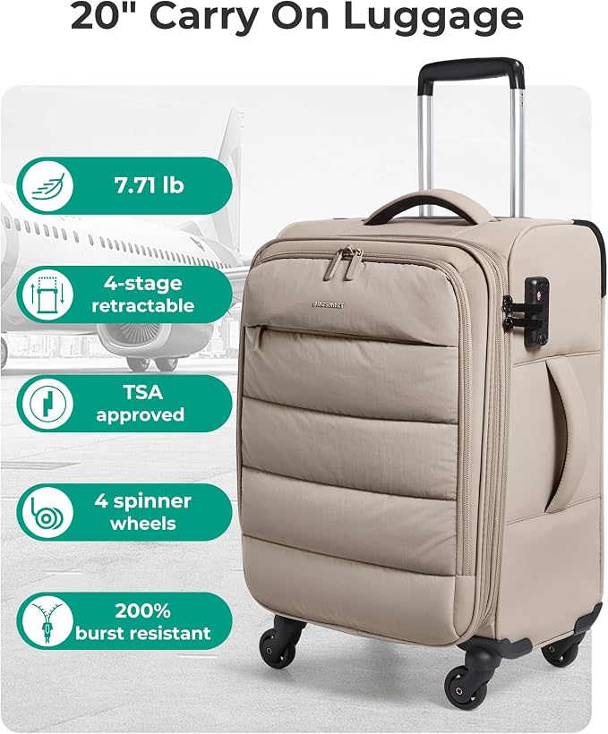 BAGSMART Carry On Luggage 22x14x9 Airline Approved, 20 Inch Soft Suitcase with Wheels, Lightweight Spinner Carry on Suitcase with PVC Wet/Dry Pockets for Short Trip, Camel