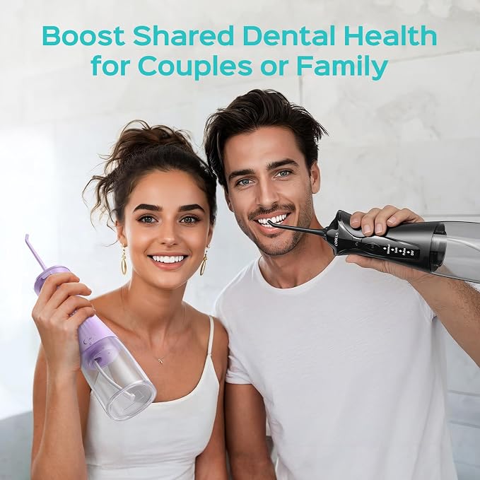 COSLUS Water Dental Flosser Pick for Teeth C30(FC5360): 4 Modes Cordless Portable 300ML Larger Tank Water Teeth Cleaner IPX7 Flossing Cleaning Picks for Home Travel Black & Purple 2pcs Portable Set