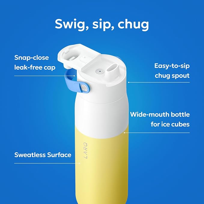 LARQ Swig Top — Insulated Stainless Steel Water Bottle with Straw, Detachable Silicone Handle, Vacuum 24h Cold, BPA-Free Metal Bottle for Gym, Travel, Office — 23 oz, Limoncello Yellow
