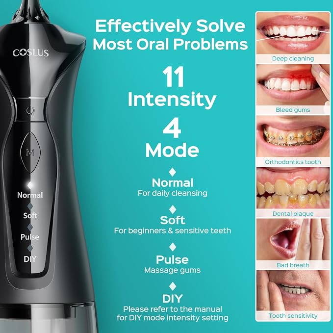 COSLUS Water Dental Flosser Pick for Teeth C30(FC5360): 4 Modes Cordless Portable 300ML Larger Tank Water Teeth Cleaner IPX7 Flossing Cleaning Picks for Home Travel Black & Purple 2pcs Portable Set