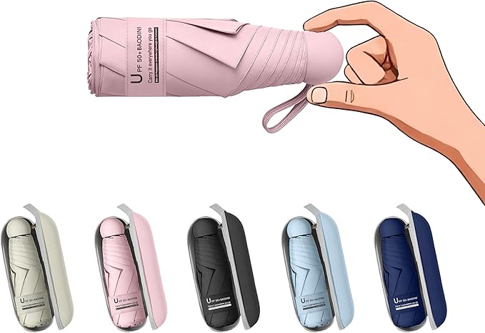 BAODINI Travel Essentials Mini Umbrella for Purse With Case Small Compact UV Sun Protection Lightweight Tiny Pocket Manual Open Close Umbrella for Women Kids and Men Fits Purse Backpack