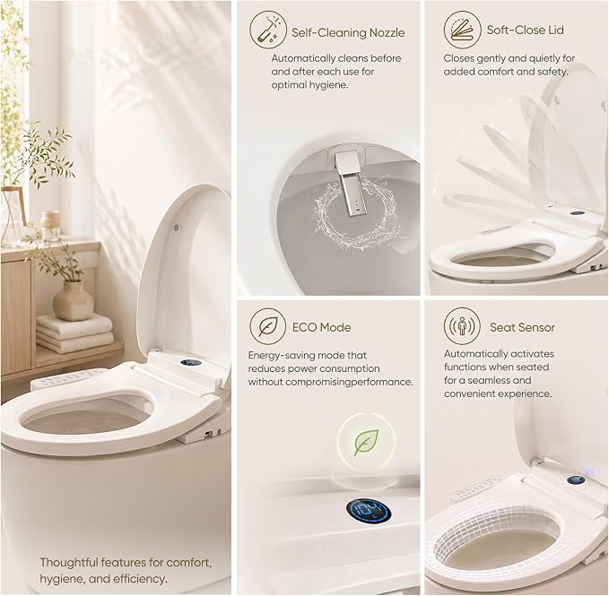 GAICOM Electric Bidet Toilet Seat, Heated Toilet Seat with Instant Warm Water, Warm Air Dryer, Side Panel Control, Self Cleaning Nozzle, Night Light, Soft Close Lid, Elongated White