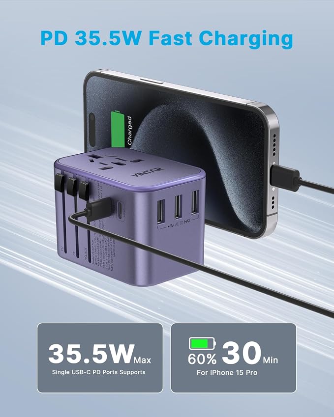 Universal Travel Adapter, VINTAR 35.5W International Power Adapter with 3 USB A QC and 2 USB C PD, All in One Plug Adapter Worldwide Travel Essentials for EU/UK/USA/AUS(Type C/G/A/I), Purple