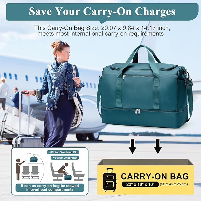 Large Travel Duffle Bag,Carry on Overnight Weekend Bag with Shoes Compartment,Weekender Bags for Women for Travel Business Trips Sport Hospital,Peacock Blue