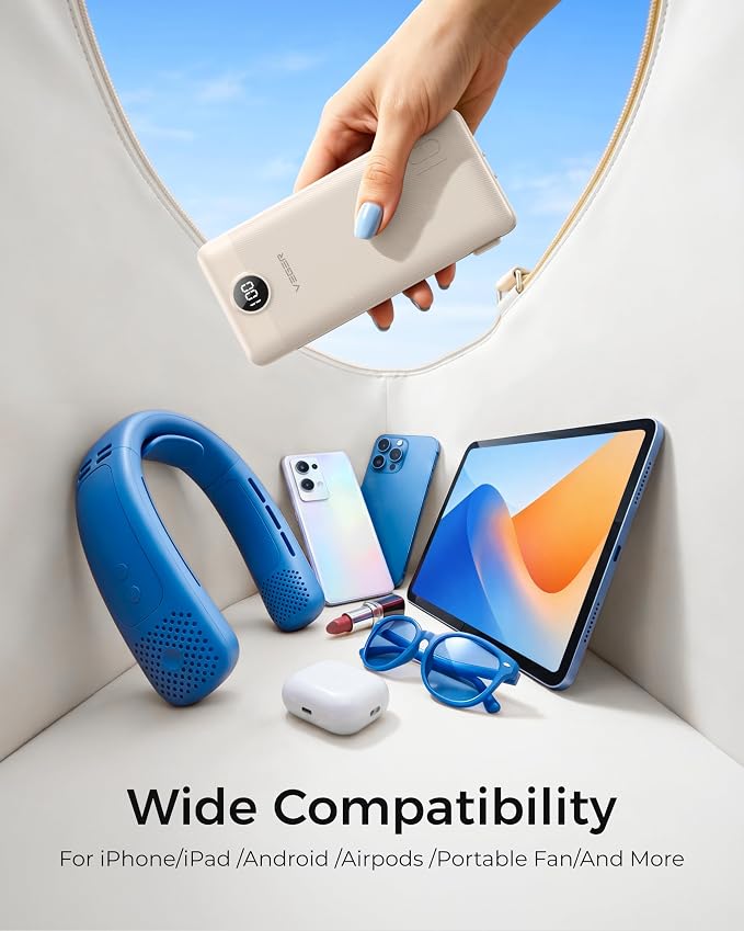 VEGER Portable Charger with Built-in AC Plug and Cables, All in One 10000mAh Ultra Slim Power Bank Emergency Fast Charging for Travel Battery Pack Compatible with iPhone, Samsung, Android, Coffee