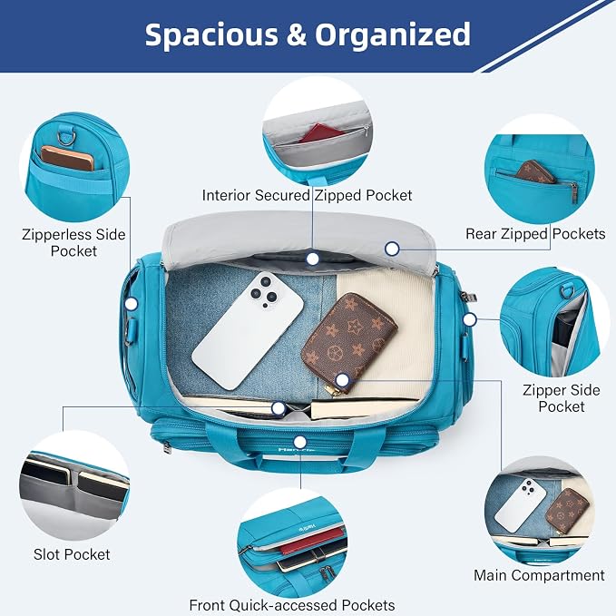 HanTrip Carry on Duffel Bag Foldable Duffle Bags for Travel, Under Seat Personal Item Bags for Airplanes, Weekender Overnight Mens Travel Tote Bag for Women Softside Carry on Luggage (Caribbean Blue)