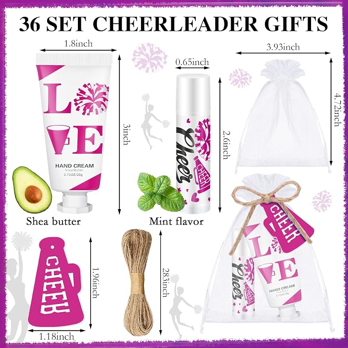 144 Pcs Cheerleading Lip Balms Hand Cream Sets Pink Cheerleading Party Supplies Including 36 Lip Balm and Moisturizing Hand Cream 36 Organza Bags Cards and Ropes for Team Thank You Gifts