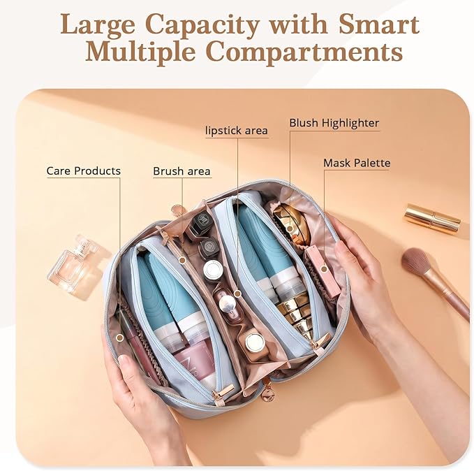 Travel Makeup Bag for Women: 3-in-1 Large Capacity Cosmetics Organizer with 2 Detachable Pouch - Vegan Leather Flat Open Toiletry Bag - Travel Essentials for Full-Sized Bottles(Light Blue)