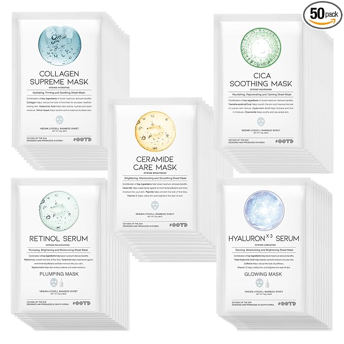 50Combo Korean Face Sheet Mask Gift Pack, Hydrating, Calming, Brightening, Smooting, Rejuvenating, EVE Vegan, Cica, Hyaluron, Retinol, Ceramide, Collagen