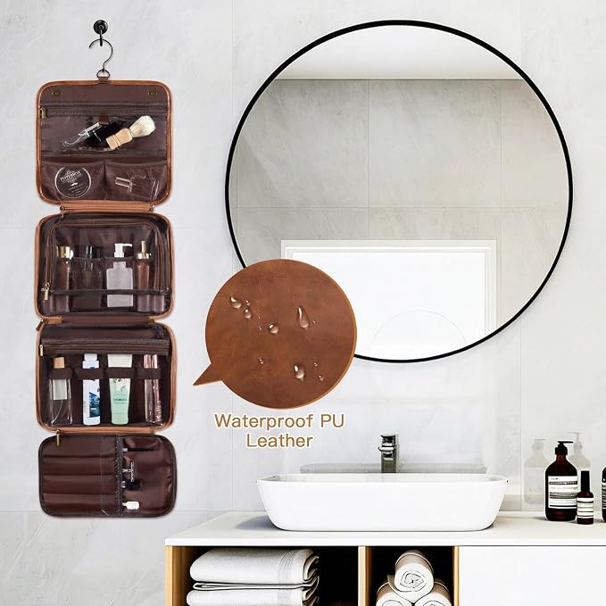 Personalized 3-in-1 Hanging Toiletry Bag Fathers Day Birthday Gifts for Men Dad Husband, Custom Initial Large Waterproof PU Leather Dopp Kit Shaving Bag Travel Essential for Him Light Brown Y
