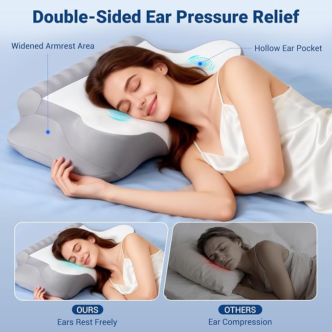Cervical Pillow for Neck Pain Relief, Ergonomic Contour Memory Foam Neck Support Pillow with Ear Pressure Relief and Dual Height Design