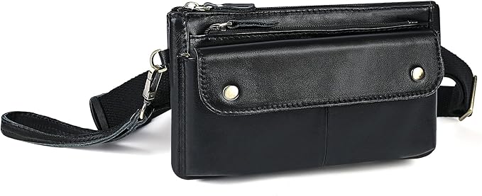 Water Resistant Canvas + Leather Hiking Riding Travel Fanny Waist Pack Small Phone Pouch For Men Women FB811-29 (100% Leather-The 8136 Black)