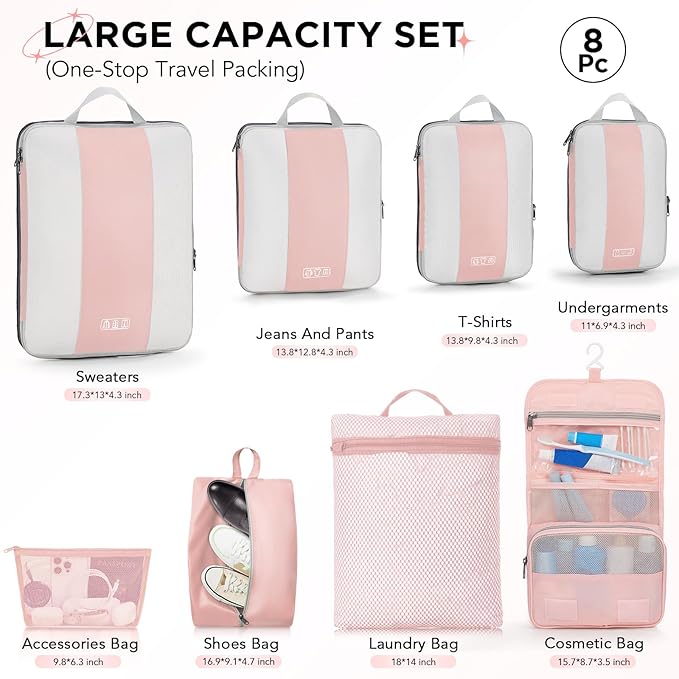 8 Set Compression Packing Cubes for Travel Essentials,Compressible Expandable Packing Cubes for Suitcase,OlarHike Luggage Garment Bags for Travel,Handy Helper for Organizing Clothes(Pink)