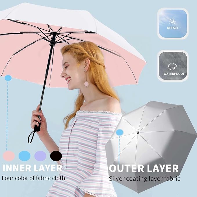 SIEPASA Compact Travel Umbrella - Windproof Auto Open/Close, Small Folding Umbrella for Rain & Sun with UPF50+ - Lightweight Frame, Waterproof - Fits Backpack, Purse, Suitcase.(Silver/Pink)
