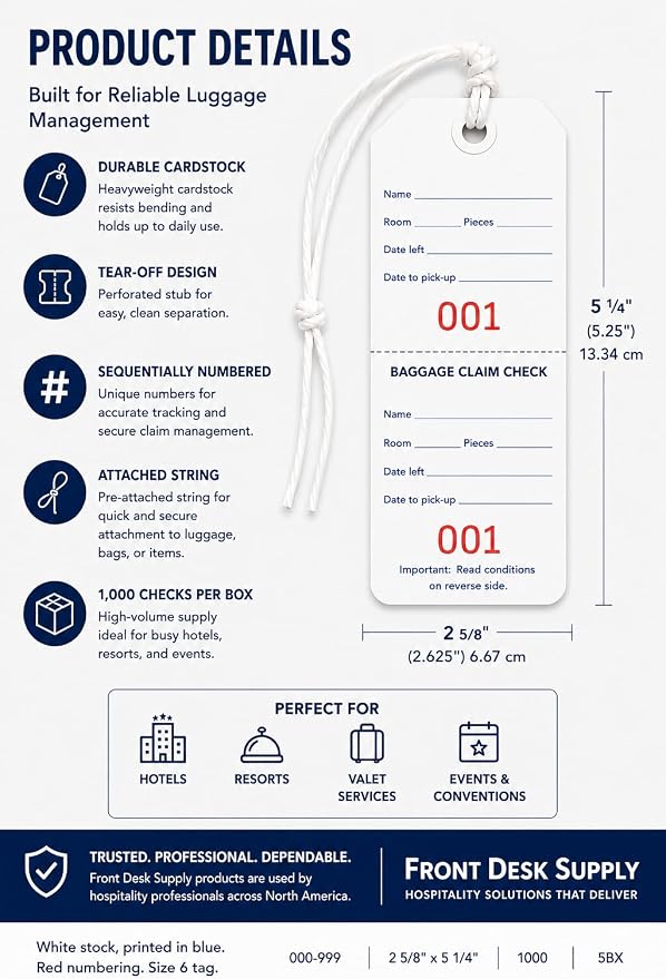 Hotel Luggage Claim Tags with Tear-Off Claim Ticket, Numbered Disposable Baggage Tags for Hotels, Valet, Concierge, Bell Desk & Guest Bag Storage – 1,000 Pack