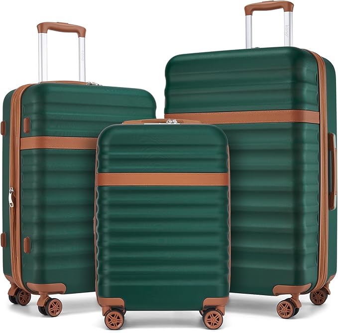 Kono Luggage Set 3 Pieces Expandable PC ABS Durable Suitcase Hardside with Double Spinner Wheels Tsa Lock Green(20in/24in/28in)