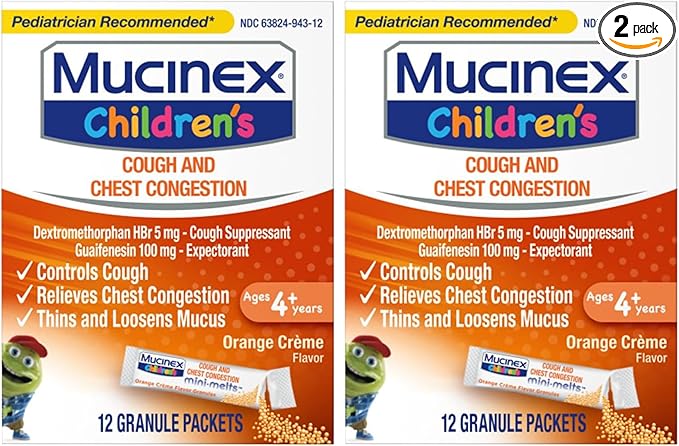 Mucinex Children's Chest Congestion Expectorant and Cough Suppressant Mini-Melts, Orange Cream, 12 Count (Packaging May Vary) (Pack of 2)