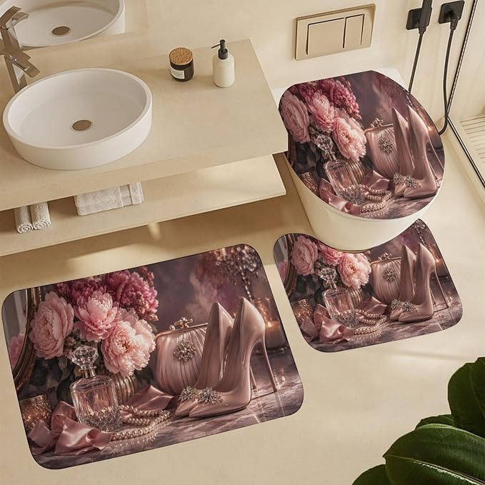 Pink Floral Heels and Accessories Bathroom Rug Set 4 Piece with Shower Curtain Non Slip Bath Mat Set Microfiber Bathroom Decor Toilet Lid Cover U Shape Rug Waterproof Bathroom Accessories