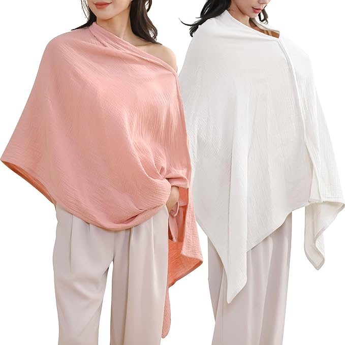 TADO MUSLIN 2-Pack Nursing Covers for Breastfeeding, 100% Organic Cotton Muslin Nursing Cover for Mom, Soft Breathable Breastfeeding Cover, Full Privacy Cover for Nursing, Extra Coverage L Pink White
