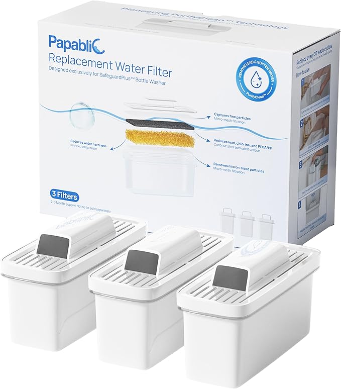 Papablic Official PurifyClean Replacement Water Filter for SafeguardPlus Baby Bottle Washer, No Distilled Water Needed, Tap Water Filtration, 3-Pack