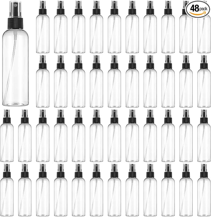 OMISTAR 48 Pcs 4 oz Plastic Spray Bottles - 120 ML Travel Size, Fine Mist Sprayers, Ideal for Perfumes, Cosmetics, Cleaning Solutions, and More, BlackClear
