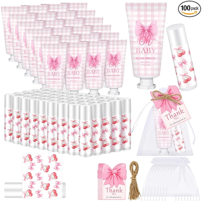 50 Set Pink Baby Shower Gifts Bulk Woman Bow Baby Shower Favor for Guests Lip Balm Hand Cream Include 50 Lip Balm 50 Hand Cream 50 Bag 50 Tag Gender Reveal Wedding Bridal Party Favors Gift