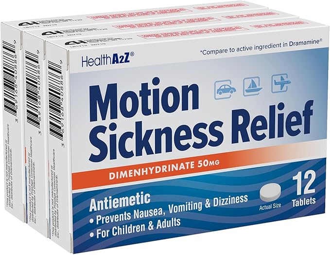 HealthA2Z® Motion Sickness Relief | Dimenhydrinate 50mg | Antiemetic | Prevents Nausea, Vomiting & Diziness | for Children & Adults (36 Counts (Pack of 3))