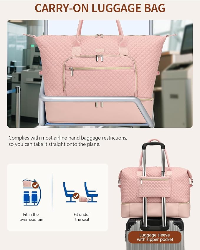 Weekender Bags for Women Travel, Under Seat Carry On Bags for Airplanes Overnight Bag with Shoe Compartment Luggage Sleeve, Foldie Travel Tote Bag Hospital Bag, Travel Gifts, Pink