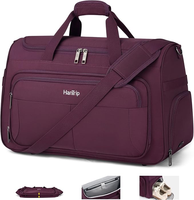 HanTrip Carry on Duffel Bag Foldable Duffle Bags for Travel, Large Personal Item Bags for Airplanes, Weekender Overnight Mens Travel Tote Bag for Women Softside Carry on Luggage (Purple)