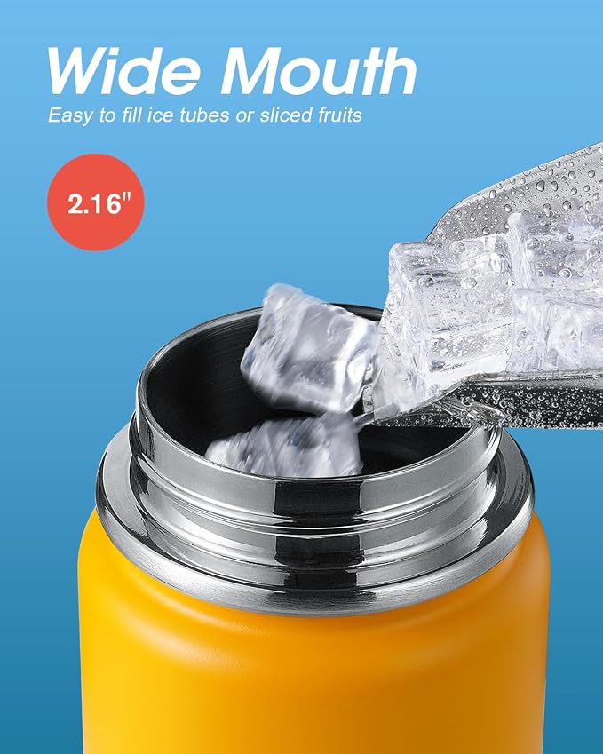 Coolflask Water Bottle 20 oz Insulated with Straw, Stainless Steel Metal 3 Lids Water Flask Wide Mouth for Sports or Office, Non-BPA Keep Cold Up to 48 Hrs or Hot Up to 24 Hrs, Ombre Yellow/Orange