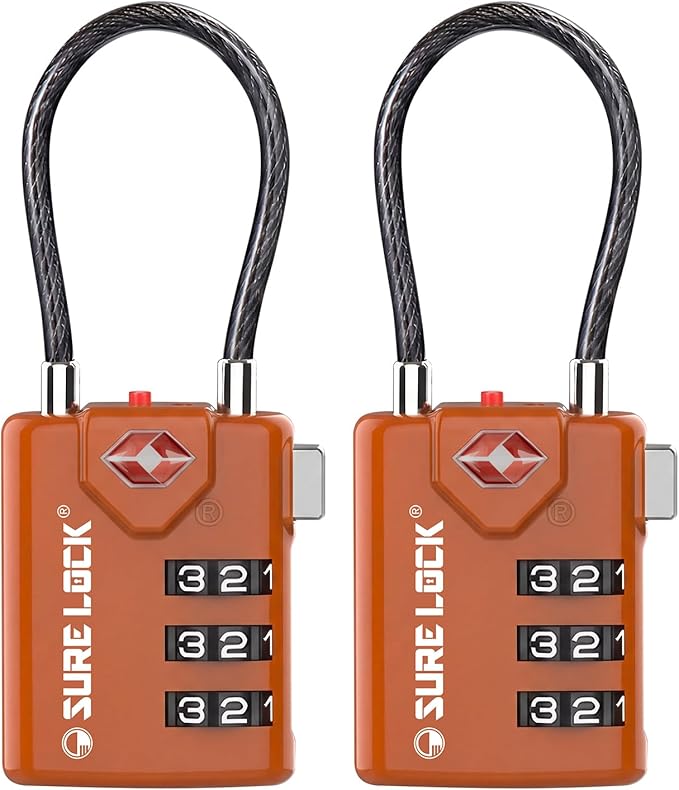 SURE LOCK TSA Approved Luggage Locks with Open Alert Indicator, 3 Digit Combination Cable Travel Lock for Suitcase, Backpack, Gym Locker, Toolbox & Travel Bag