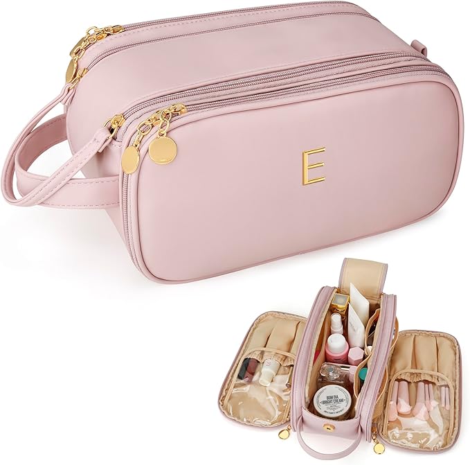 Gifts for Women Teen Girls Large Capacity Initial Travel Makeup Bag, 3-Compartment Cosmetic Organizer with Clear Brush Holders, Large Opening Waterproof Toiletry Bag, Pink,E