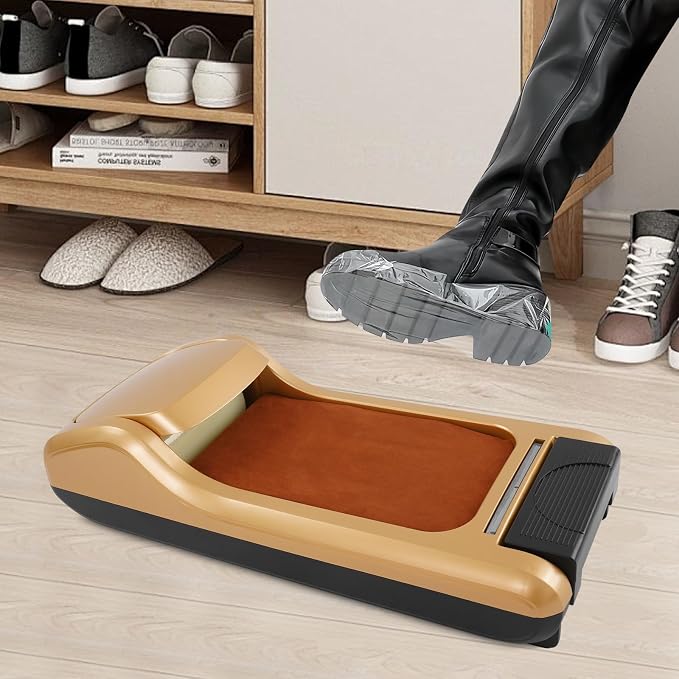 Automatic Shoe Covers Dispenser Shoe Covers Disposable Dispenser Portable Shoe Covers Disposable Waterproof Shoe Covers, Dust Proof, for Home, Shop and Office (Gold / 3 Roll Shoe Film)