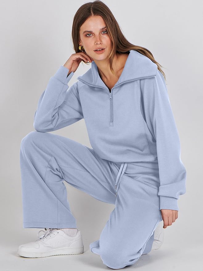 ANRABESS Women’s 2 Piece Outfits Half Zip Sweatshirt & Wide Leg Pants Airport Travel Lounge Matching Sets Sweatsuits Clothing
