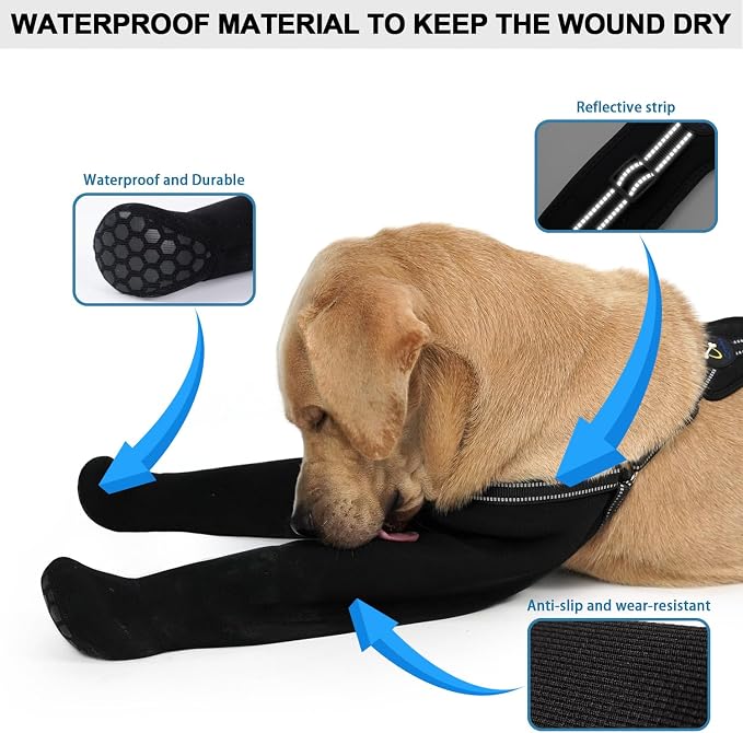 COODEO Dog Socks to Prevent Licking Paws, Waterproof Boots for All Four Legs with Non-Slip Soles, Protective Paw Covers for Wounds, Licking Prevention Shoes for Dogs (Black, 2XL)