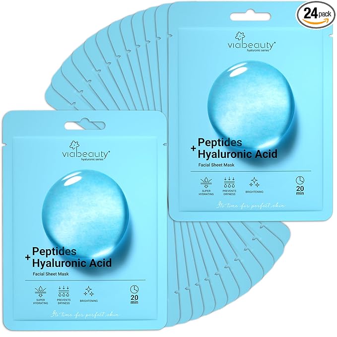 VIABEAUTY 24 Pack of Hyaluronic Acid Face Mask with Peptides Complex - Deep Hydrating & Brightening Facial Sheet Mask - Moisturizing Face Masks Skincare Facial Sheets for All Skin Types