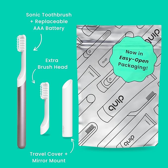 Quip Metal Sonic Electric Toothbrush for Adults - Time Travel & Soft Bristles with Travel Case & Replacement Brush Head - 3 Month Battery Life, Dusk Plum