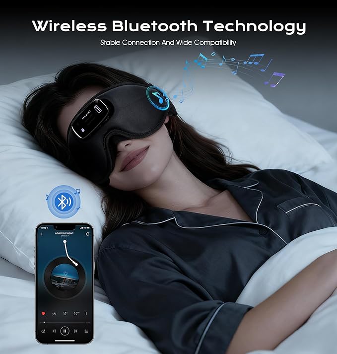 TOPOINT Sleep Mask with Headphones Bluetooth 5.4-3D Zero-Pressure Design Adjustable Sleep Headphones 100% Light Blocking Sleep Headphones with White Noise Sounds Comfortable(Onyx)