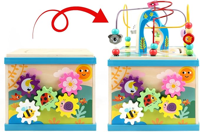Qilay Wooden Activity Cube for Toddlers, 5 in 1 Multipurpose Abacus Early Educational Montessori Toys, Learning Toys for Kids | Bead Maze, Great for Boys Girls