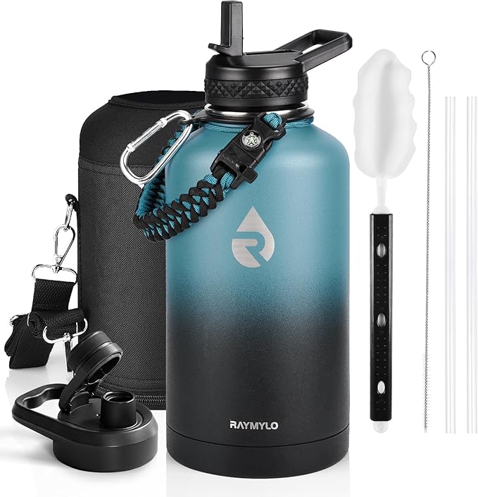 RAYMYLO Insulated Water Bottle 64 oz, Triple Wall Vacuum Stainless Steel (Cold for 48 Hrs), Leak Proof & Non-BPA, Half Gallon Water Flask Jug with Paracord Handle & Straw Spout Lids