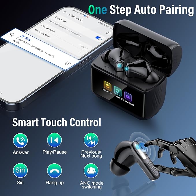 Wireless Earbuds with Touch Screen, Bluetooth 5.4 Headphones, ANC/ENC Noise Cancelling, 48H HiFi Stereo Bluetooth Ear Buds with 5 EQ Modes, Transparency Mode, IPX7 Earphones, Black