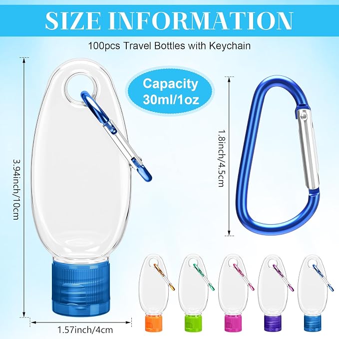 Yalikop 100 Pcs Traveling Bottles with Keychain 1oz Clear Plastic Keychain Bottle Leakproof Refillable Keyring Container Liquid Packing Container Portable Bottle with Colorful Lids for Liquid Cream