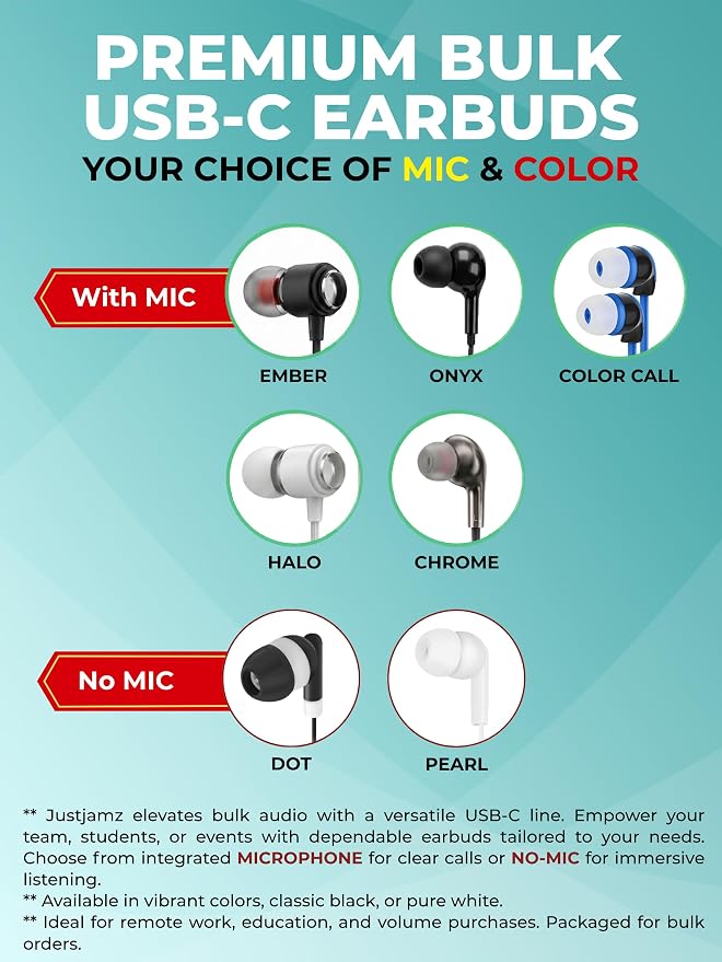 Pearl 50 Pack USB C Headphones Wired Earbuds Bulk for iPhone 17/16/15 Pro Max Plus, Galaxy Series, Chromebook, MacBook, Type C Earbuds Wired Headphones for School Classroom, White, No Microphone