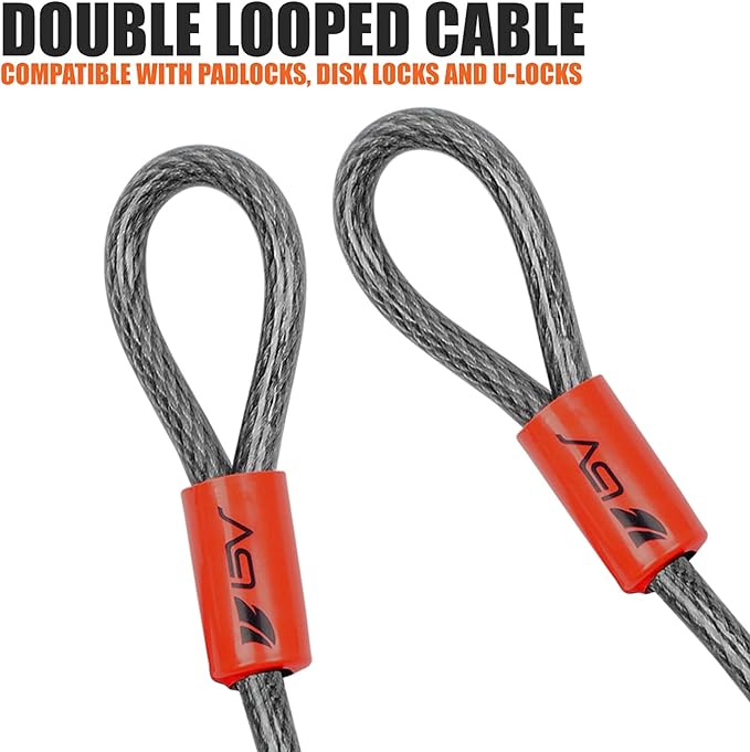 BV Heavy-Duty 15FT Security Cable with Loops - 10mm (3/8 Inch) Cut-Resistant Braided Steel Cable - Versatile & Weatherproof - Security Chain for Padlock, Chain Lock, Wire Lock