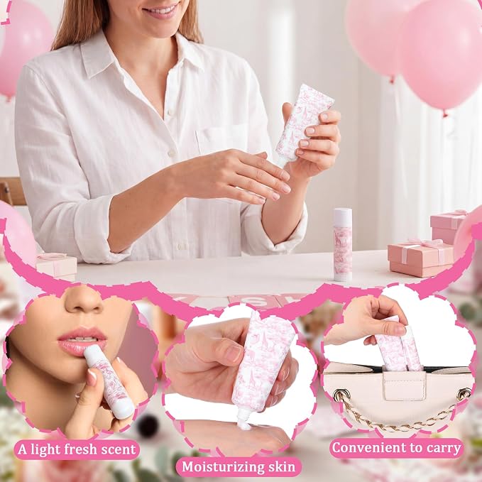 Qunclay 30 Sets Toile De Jouy Baby Shower Hand Cream and Lip Balm Gift Set Pink Chinoiserie Safari Animals Travel Size Hand Lotion Lip Balm Gifts Baby Bridal Shower Party Supplies for Guests