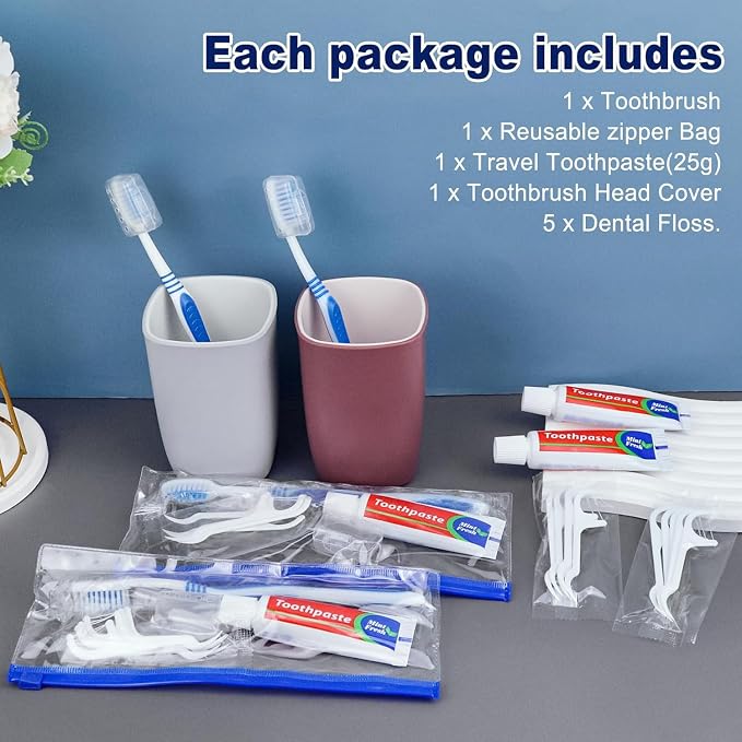 30 Disposable Toothbrushes with Toothpaste Set, Travel Kit Plastic Zip Bag,Toothbrush Head Cover, Bulk Toothbrush for Homeless,Travel,Hotel,Guest