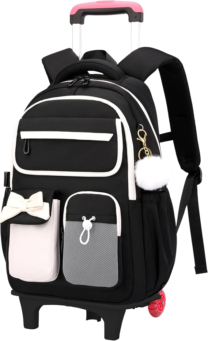 Black School Backpack with Wheels for Girls Wheeled Bookbags Kids Rolling Backpack for Girls Trolley School Bag, Black 2 Wheels