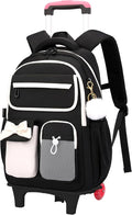 Black School Backpack with Wheels for Girls Wheeled Bookbags Kids Rolling Backpack for Girls Trolley School Bag, Black 2 Wheels